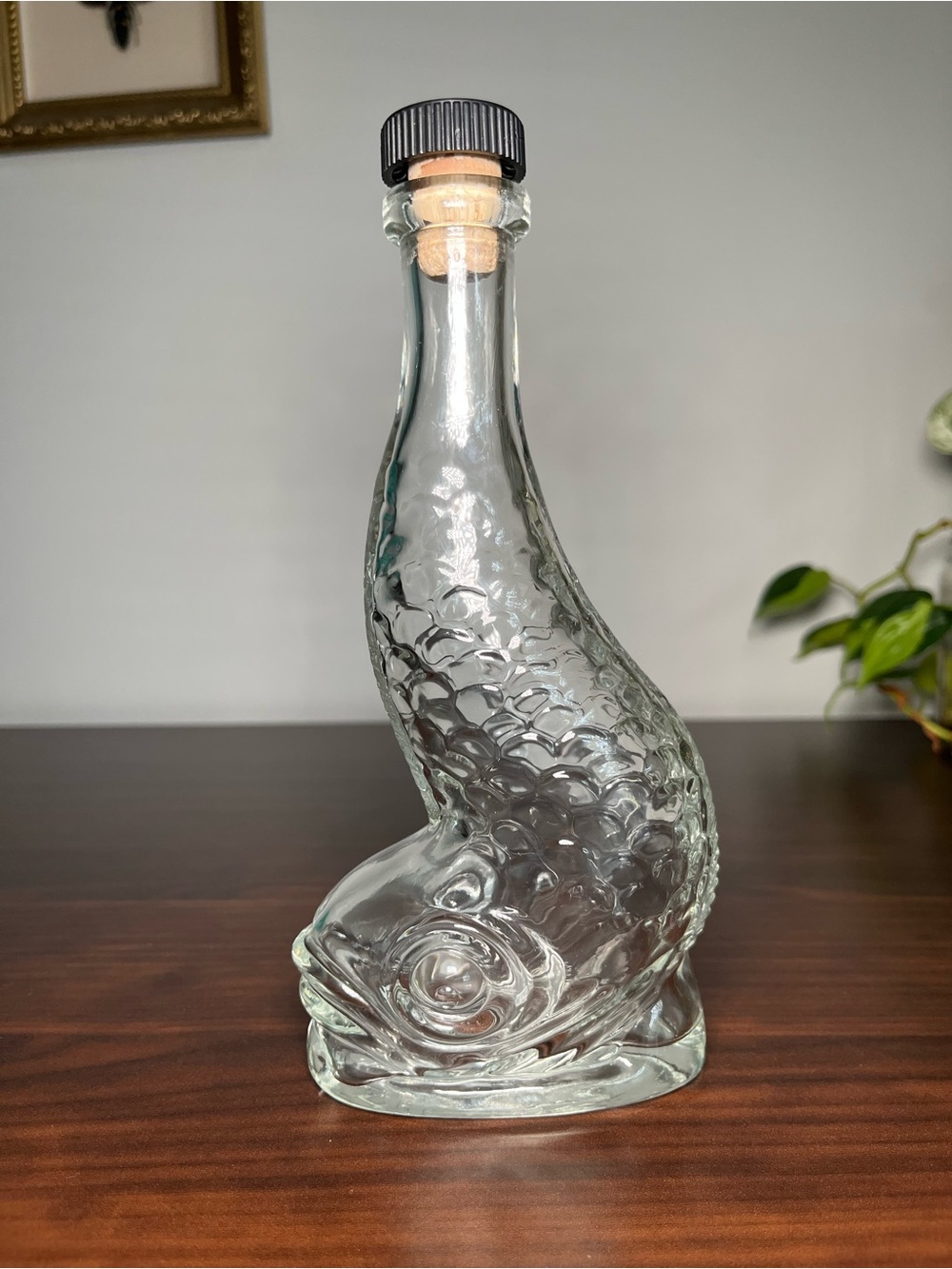"FISH" bottle in clear glass, 1970s, old vintage French glass fish bottle